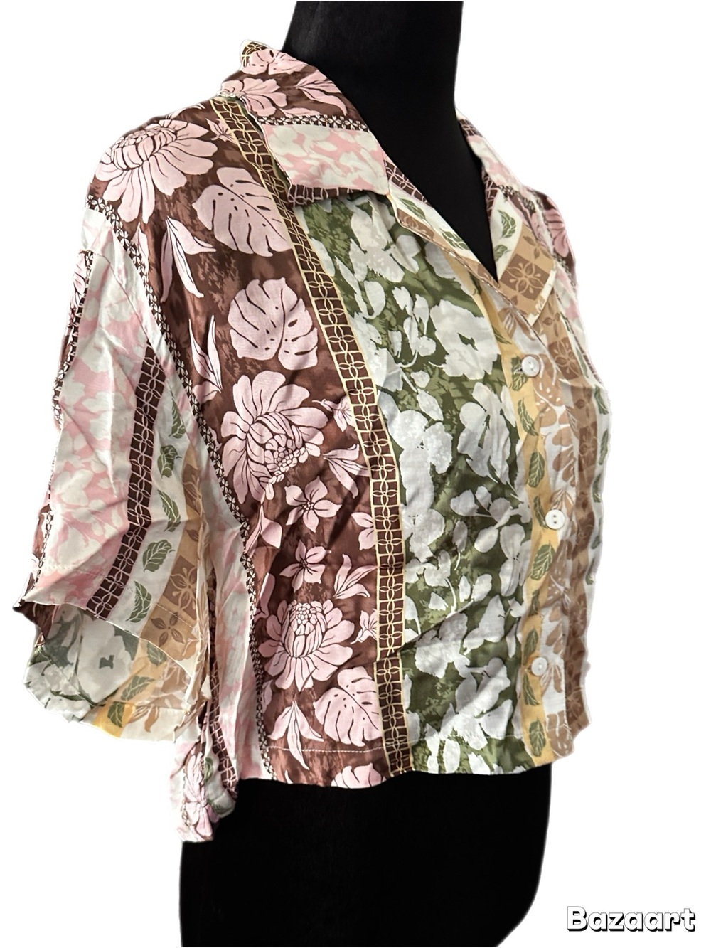 Satin Floral Patchwork Print Button Shirt - Pink, Brown, Green size small - Picture 3 of 10